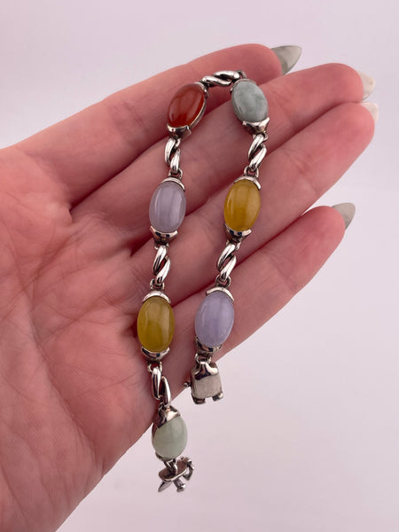 sterling silver 7-1/4" multi-color jade link bracelet