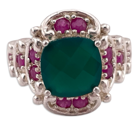 size 9 sterling silver faceted green agate lab ruby ring