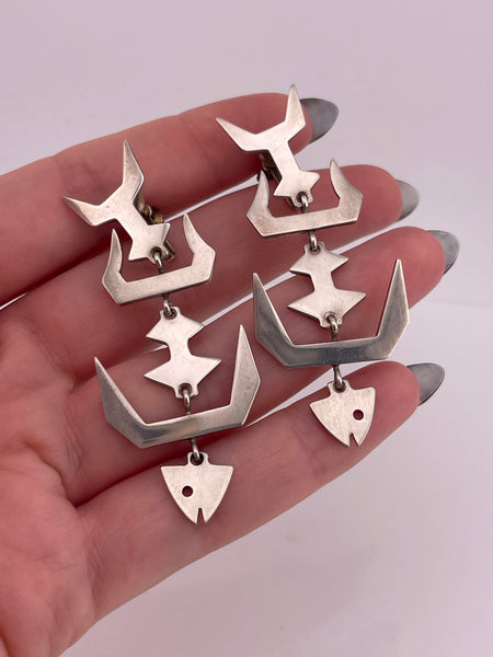 sterling silver 2-3/8" Taxco Mexico fishbone screw-back earrings ***Non-Sterling Screw-Backs***