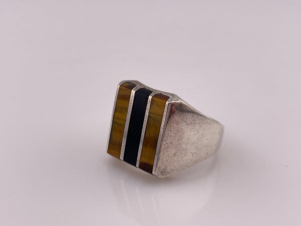 size 10.75 sterling silver chunky tiger's eye & goldflake obsidian square ring