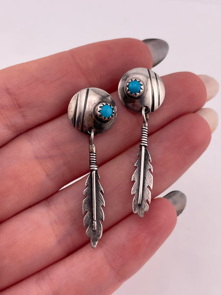 sterling silver turquoise feather post dangle earrings
