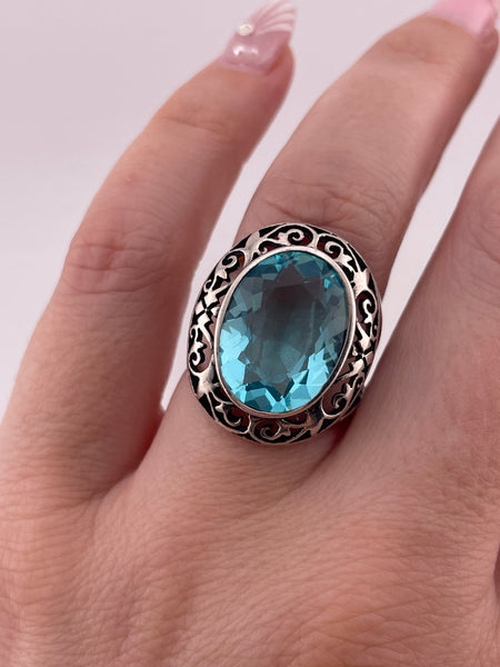 size 7 sterling silver faceted blue glass ring