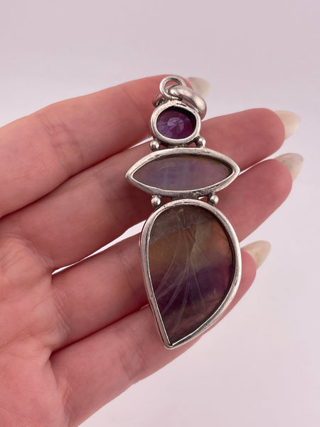sterling silver faceted amethyst rainbow moonstone carved fluorite pendant