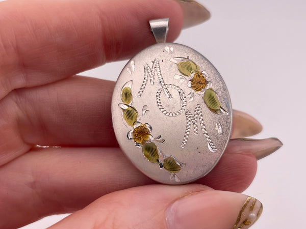 sterling silver rhodium plated matte finish "MOM" flower oval pendant