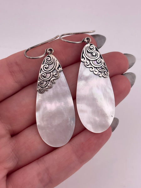 sterling silver 2-3/8" swirl mother of pearl hook dangle earrings