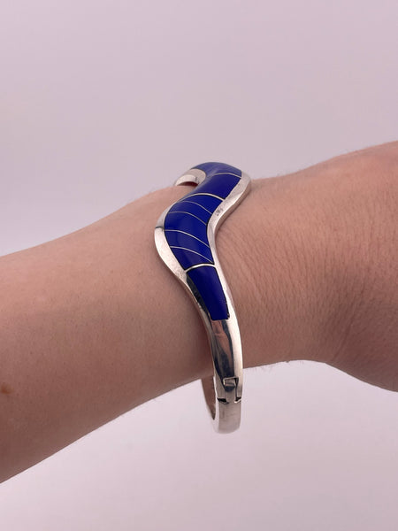 sterling silver Mexican chunky synthetic lapis hinge bangle bracelet