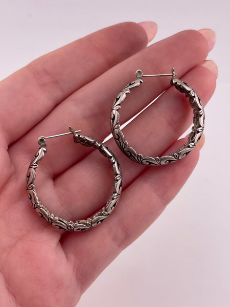 sterling silver 1 1/8" cut-out hoop earrings