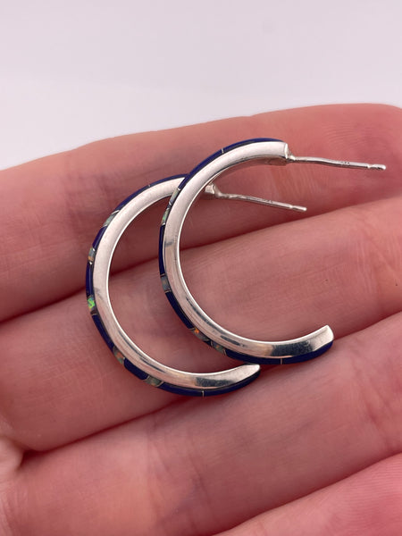 sterling silver lapis lab opal post partial hoop earrings
