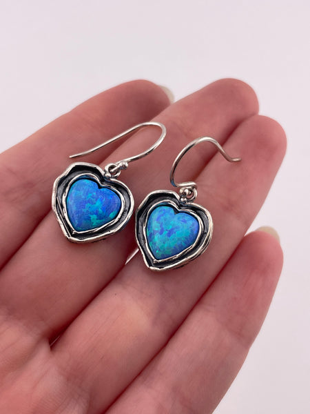 sterling silver lab opal heart hook dangle earrings