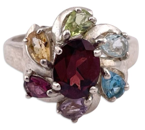size 8 sterling silver faceted multi-gemstone ring