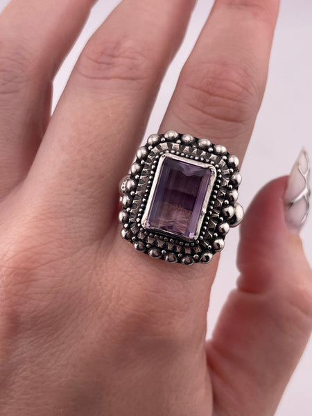 size 8.25 sterling silver chunky heavy faceted amethyst rectangle ball design ring
