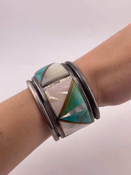 sterling silver heavy turquoise, mother of pearl, & brass inlay cuff bracelet