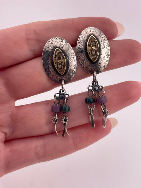 sterling silver & brass purple plastic green glass beads earrings ***Not Sterling Posts***