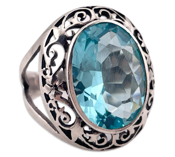 size 7 sterling silver faceted blue glass ring