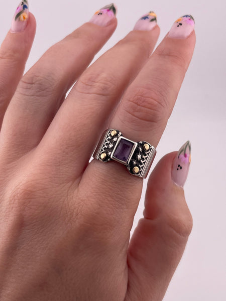 size 7.5 sterling silver & brass faceted amethyst ring