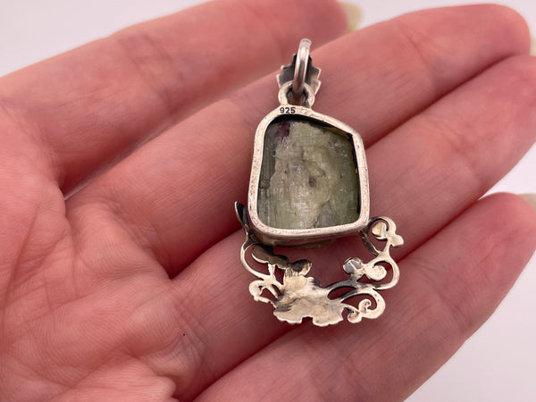 sterling silver green kyantite flower pendant