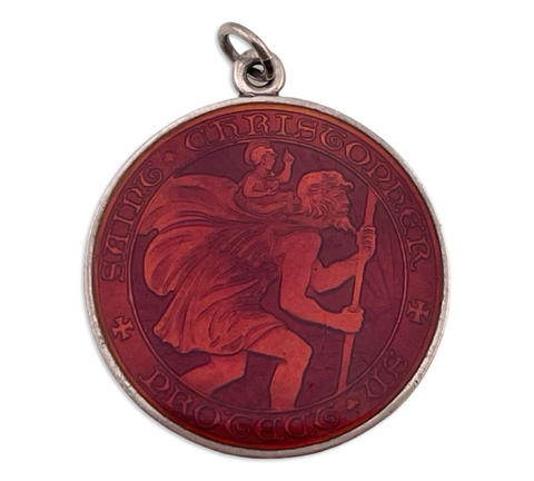 sterling silver large red enamel Saint Christopher religious protection pendant