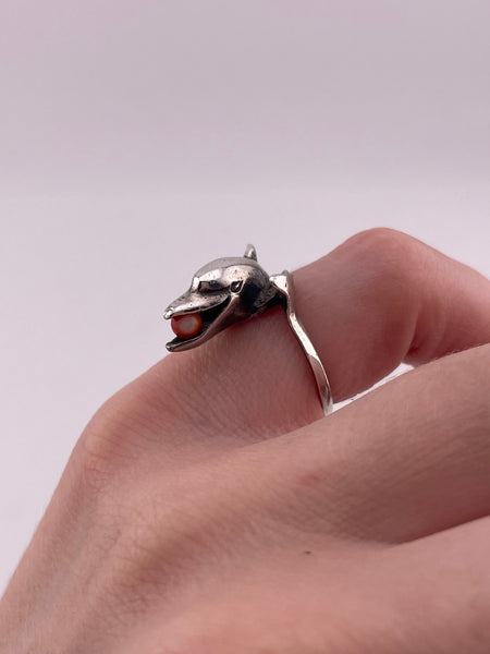 size 5.5 sterling silver dolphin red bead ring
