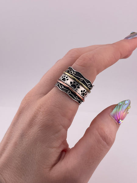 size 9.25 sterling silver copper brass paw spinner band ring