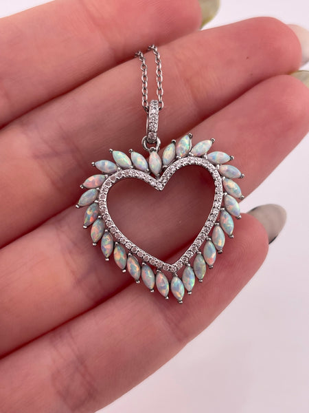 sterling silver lab opal CZ heart pendant necklace