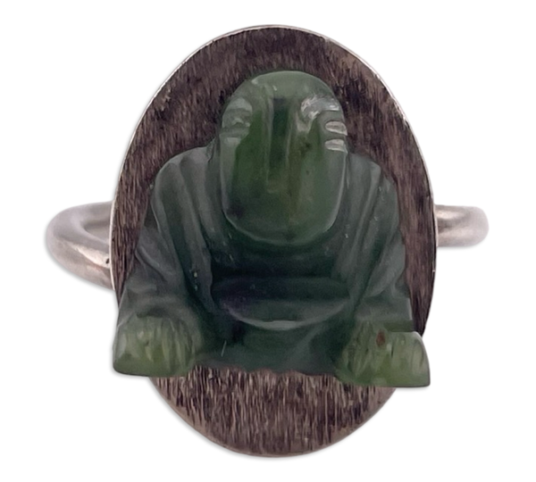 size 7.5 adjustable band sterling silver carved jade Buddha ring