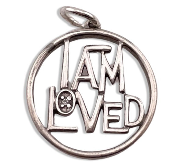 sterling silver 'I AM LOVED' rhinestone round pendant