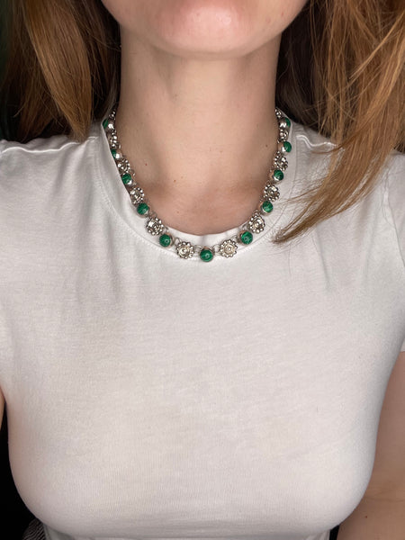 sterling silver Mexican malachite flower collar necklace