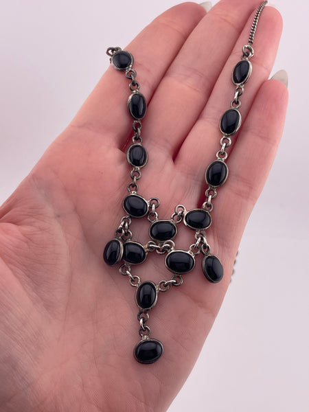 sterling silver 16-1/2" to 17-1/2" onyx chandelier necklace