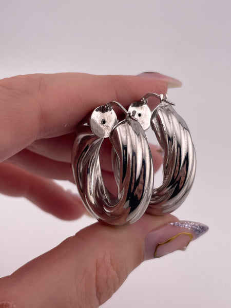 sterling silver chunky 1-3/16" rhodium plated puffy cable hoop earrings