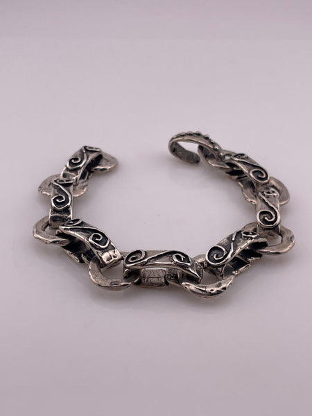 sterling silver chunky heavy 55 grams hammered circle swirl chain link bracelet
