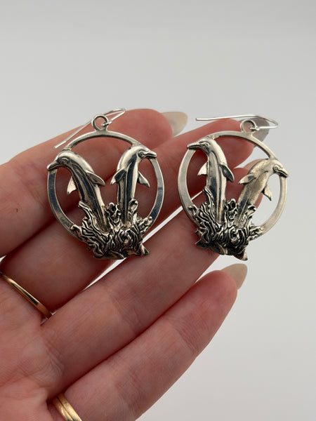 sterling silver large double dolphin dangle earrings