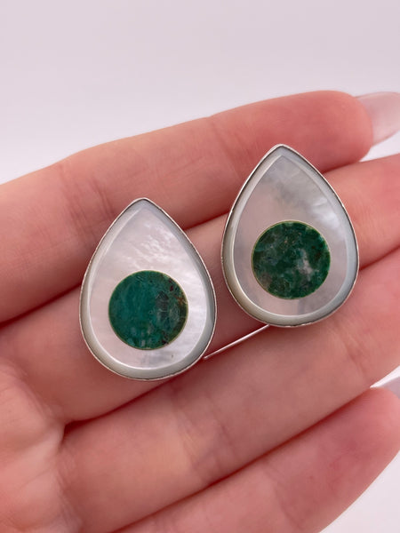sterling silver chrysocolla & mother of pearl inlay teardrop post earrings