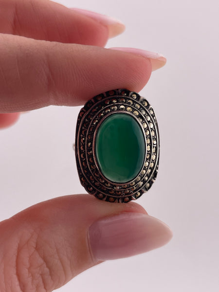 size 6.75 sterling silver Art Deco marcasite & chrysoprase ring **AS IS**