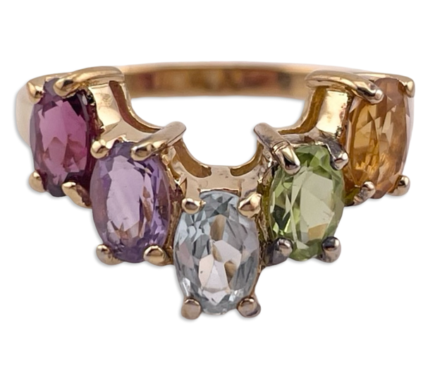size 9 gold plated sterling silver faceted multi-gemstone chevron ring