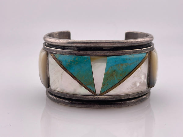 sterling silver heavy turquoise, mother of pearl, & brass inlay cuff bracelet