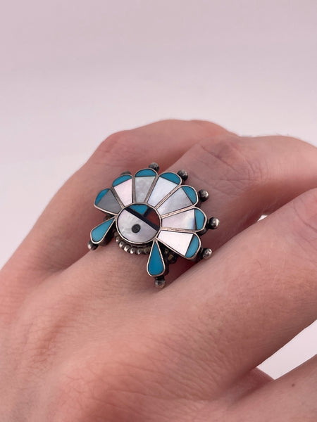size 8 sterling silver Zuni sunface multi-stone inlay ring