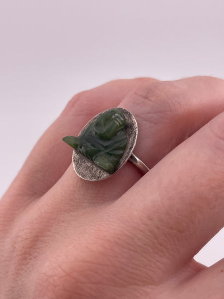 size 7.5 adjustable band sterling silver carved jade Buddha ring