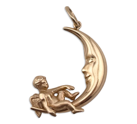 14k yellow gold 3D angel sitting on crescent moon pendant