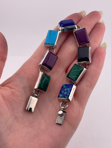 sterling silver Mexican heavy synthetic stone link bracelet