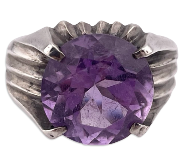 size 8 sterling silver faceted round amethyst prong setting ring