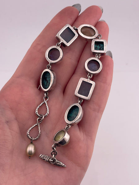 sterling silver 7-3/4" multi-stone link bracelet
