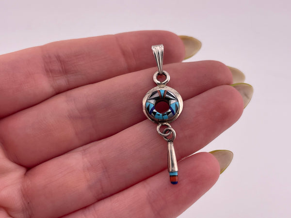 sterling silver multi-stone inlay dangle pendant