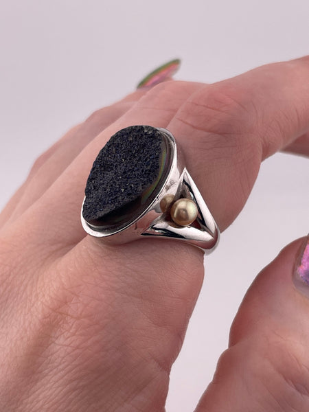 size 7 sterling silver druzy synthetic pearl ring