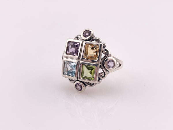 size 8 sterling silver faceted square multi-gemstone ring