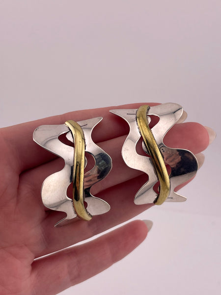 sterling silver & brass Mexican curved wavy squiggle cut-out stoneless post earrings