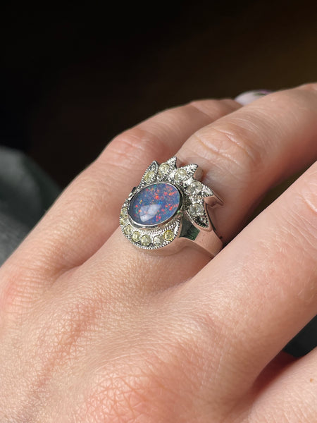 size 7 sterling silver rhodium plated opal triplet rhinestone ring
