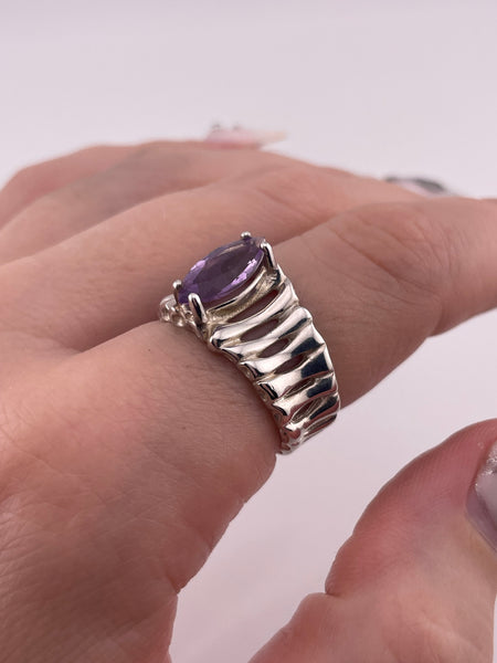 size 7.75 sterling silver faceted marquise shape amethyst ring