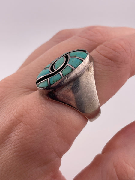 size 9.75 sterling silver Dickie and Amy Quandelacy Zuni hummingbird pattern inlay turquoise ring