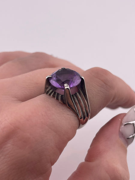 size 8 sterling silver faceted round amethyst prong setting ring