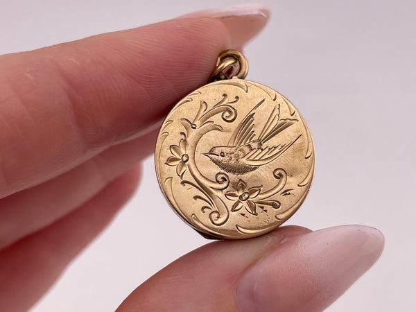 14k yellow gold etched & monogrammed bird locket pendant *dents*